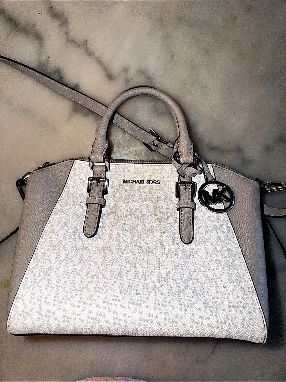 Michael Kors Ciara Medium Signature Logo Satchel White & Gray